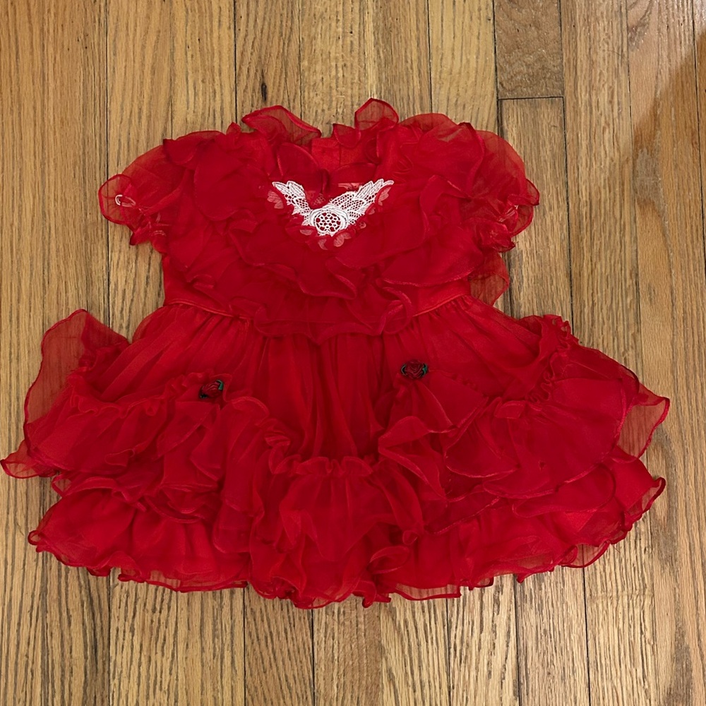 Vintage Baby Pazazz Red Ruffled Dress with Lace Detail Pageants Size L (6-9?)